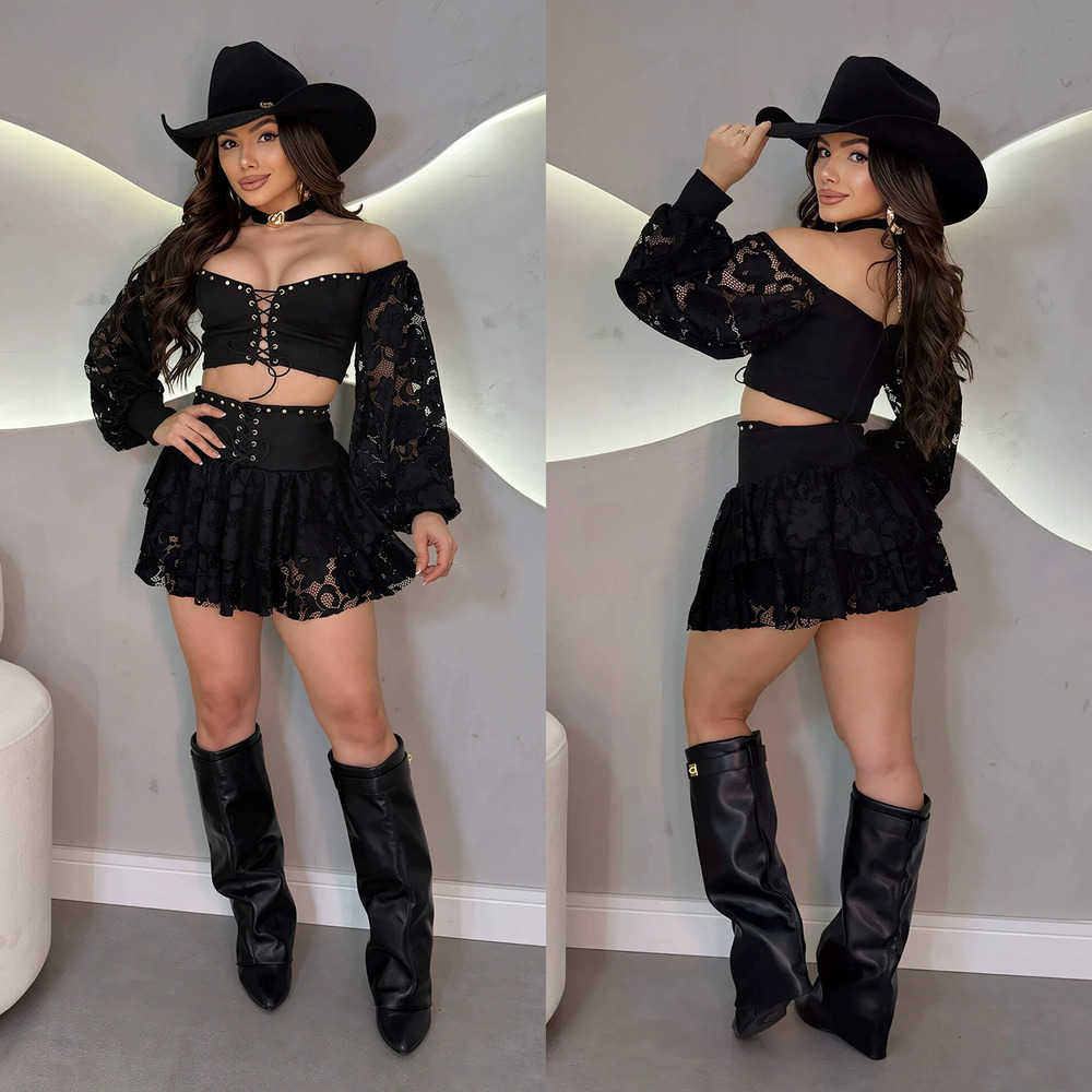 ZARA Sexy Off Shoulder Lace Tie Crop Top High Waist Skirt Set